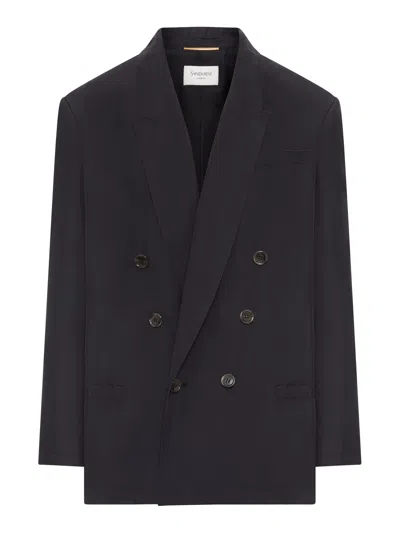 Saint Laurent Double-breasted Silk Jacket With Six-button Closure In Black