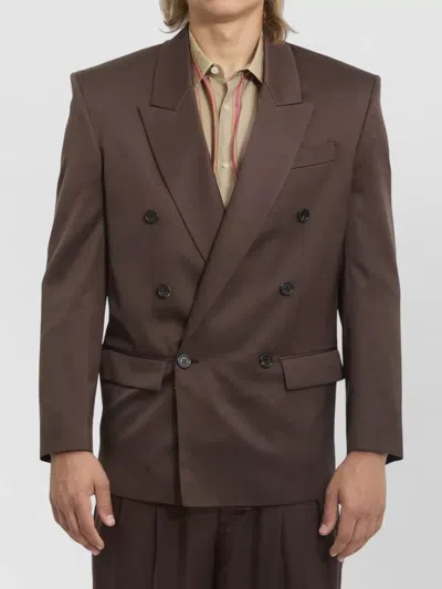 Saint Laurent Double Breasted Silk Satin Suit Jacket In Brown