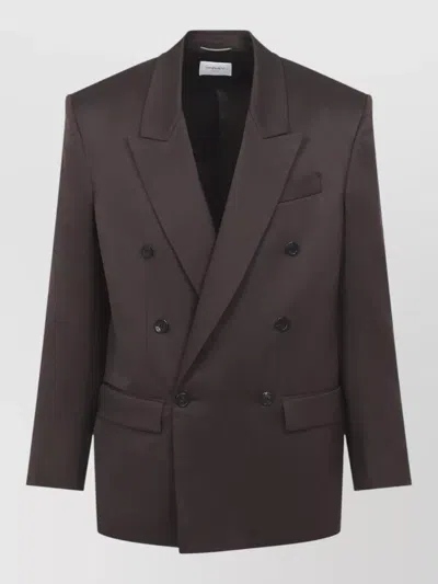 Saint Laurent Double Breasted Silk Tailored Jacket In Brown