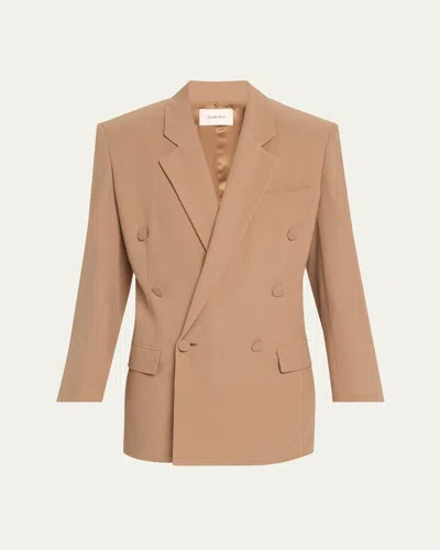 Saint Laurent Double-breasted Silk Wrap Blazer In Coffee Bei