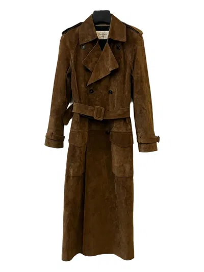 Saint Laurent Double-breasted Suede Long Trench-coat In Brown