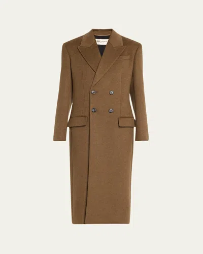Saint Laurent Double-breasted Tailored Long Wool Coat In Kaki Indig