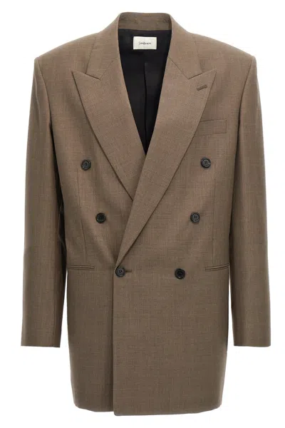 Saint Laurent Double-breasted Wool Blazer In Brown