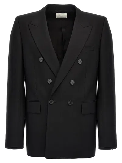 Saint Laurent Double-breasted Wool Coat With Peak Lapels And Padded Shoulders In Black