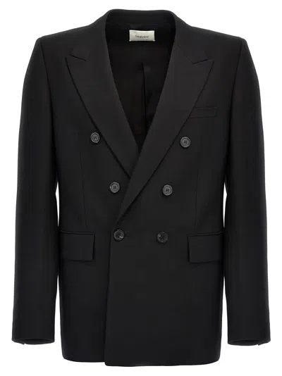 Saint Laurent Double-breasted Blazer In Silk Satin Crepon In Black