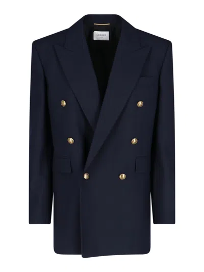 Saint Laurent Double-breasted Wool Blazer In Blue
