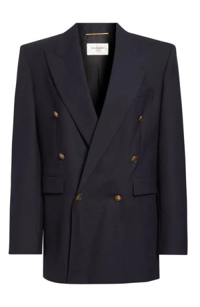 Saint Laurent Double Breasted Wool Blazer In Blue