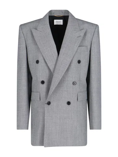 Saint Laurent Double-breasted Wool Blazer In Gray