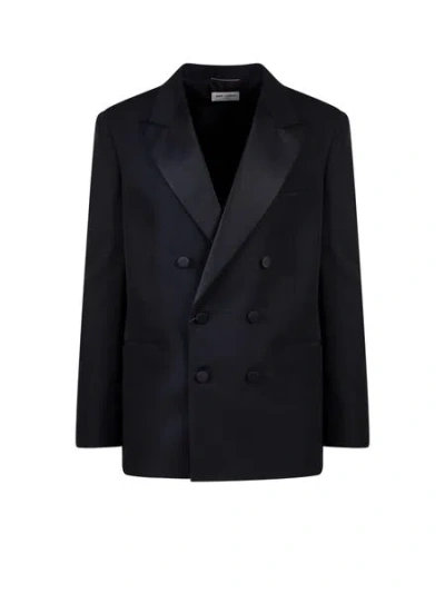 Saint Laurent Double-breasted Wool Blazer In Black In Blue