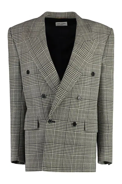 Saint Laurent Double-breasted Wool Blazer In Multicolor