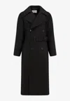 Saint Laurent Double-breasted Long Coat In Grain De Poudre Clothing In Black