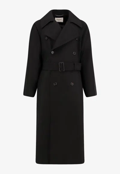 Saint Laurent Double-breasted Long Coat In Grain De Poudre In Black