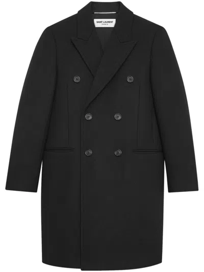 Saint Laurent Double-breasted Wool Coat With Peak Lapels And Padded Shoulders In Black