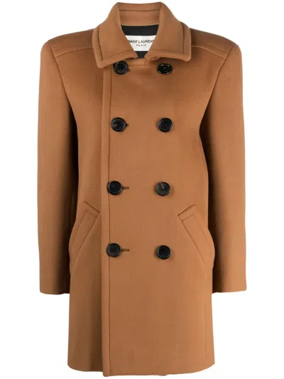 Saint Laurent Double-breasted Wool Coat In Brown