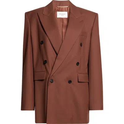 Saint Laurent Double Breasted Wool Gabardine Blazer In Brown