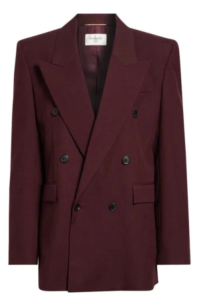 Saint Laurent Double Breasted Wool Gabardine Blazer In Burgundy