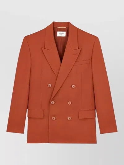 Saint Laurent Double Breasted Wool Gabardine Tailored Jacket In Brown