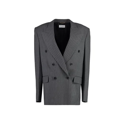 Saint Laurent Double-breasted Wool Jacket In Gray