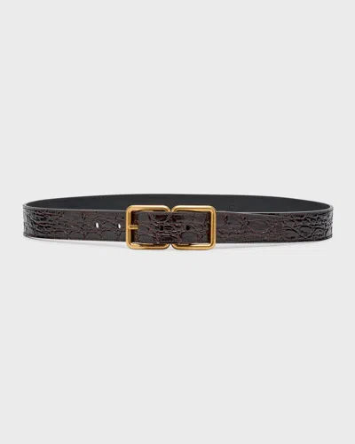 Saint Laurent Double Buckle Croc-embossed Leather Belt In Brown