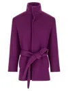 Saint Laurent Wool Coat With Belted Waist And High Collar In Purple