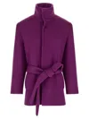 Saint Laurent Wool Coat With Belted Waist And High Collar In Purple