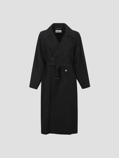 Saint Laurent Double-breasted Belted Long Jacket In Black