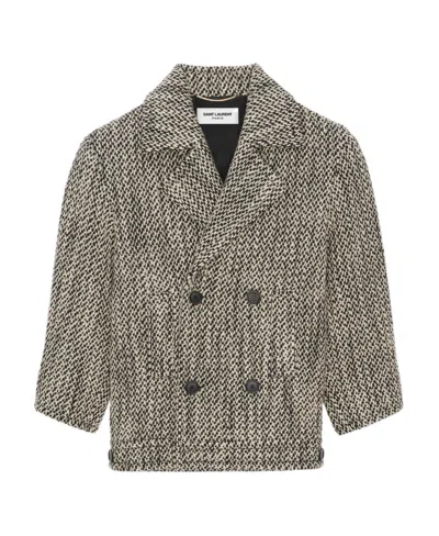 Saint Laurent Double-breasted Coat In Tweed In Black