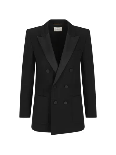 Saint Laurent Double-breasted Grain De Poudre Jacket In Black