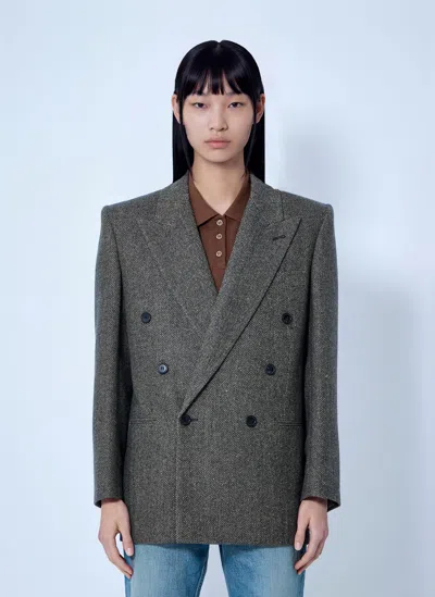Saint Laurent Double-breasted Herringbone Blazer In Brown
