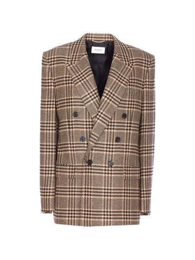 Saint Laurent Double-breasted Houndstooth Blazer In Brown