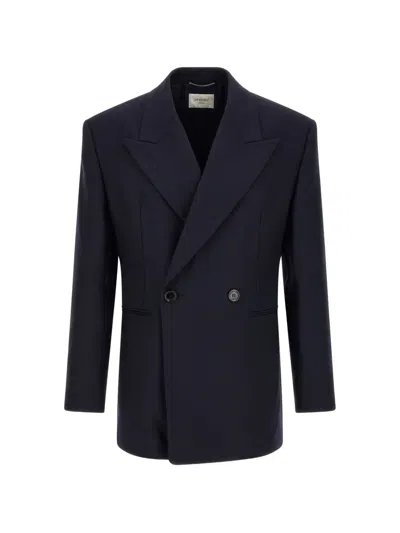 Saint Laurent Double-breasted Jacket In Felted Wool Gabardine In Blue