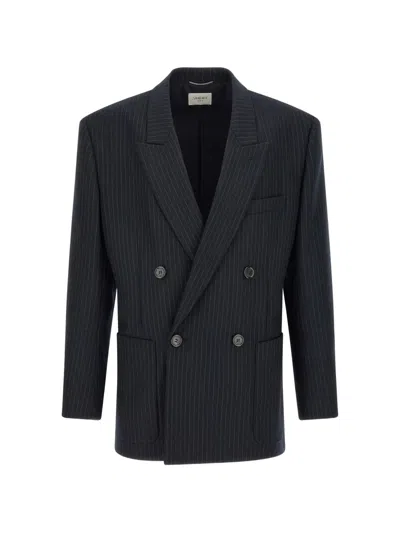 Saint Laurent Double-breasted Jacket In Pin-dot Stripe Wool Gabardine In Blue