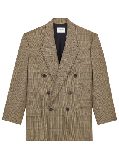 Saint Laurent Double-breasted Jacket In Prince Of Wales Puppytooth Wool In Brown