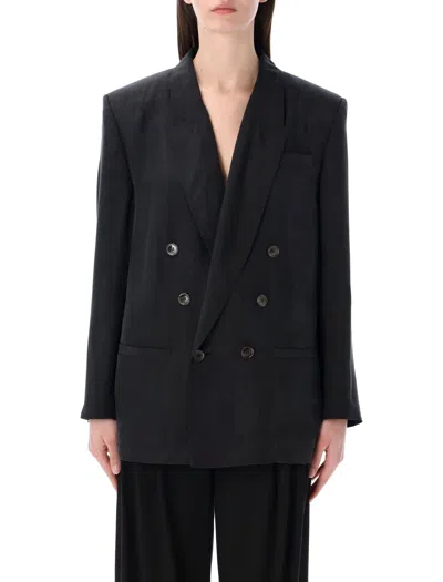 Saint Laurent Double-breasted Jacket In Silk Habotai In Black