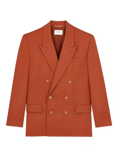 Saint Laurent Double Breasted Wool Gabardine Tailored Jacket In Brown
