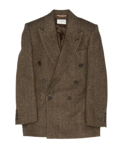Saint Laurent Double-breasted Long-sleeved Jacket In Brown