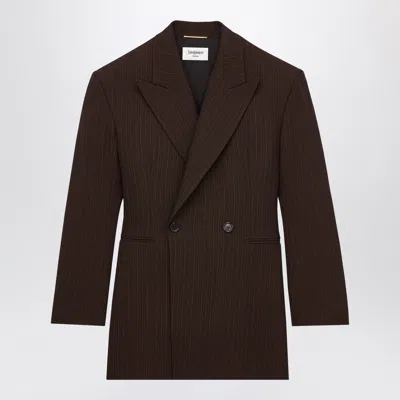 Saint Laurent Double-breasted Pinstriped Wool Melange Jacket With Peak Lapels In Brown