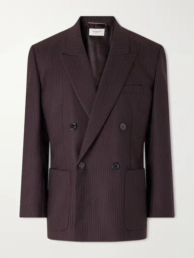Saint Laurent Double-breasted Pinstriped Wool-blend Suit Jacket In Brown