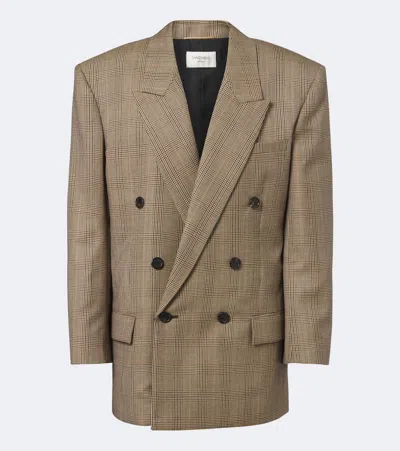 Saint Laurent Double-breasted Prince Of Wales Wool Blazer In Beige