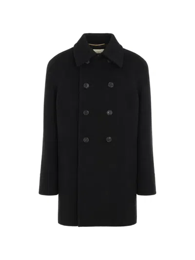 Saint Laurent Double-breasted Reinforced-shoulder Coat In Black