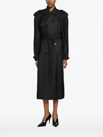 Saint Laurent Double-breasted Silk Trench Coat In Black