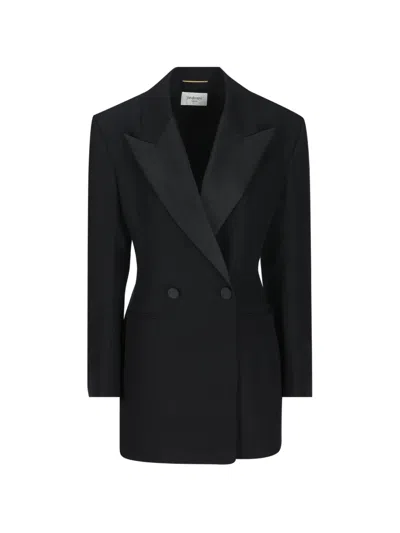 Saint Laurent Double-breasted Tuxedo Jacket In Grain De Poudre In Black