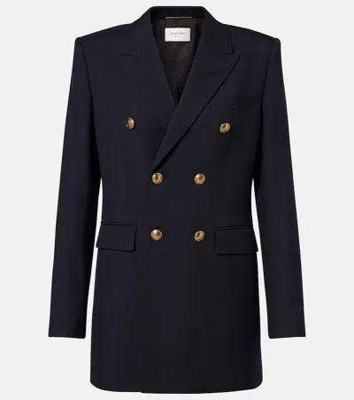 Saint Laurent Double-breasted Wool Gabardine Blazer In Blue