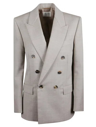 Saint Laurent Double-breasted Wool Jacket With Padded Shoulders In Gray