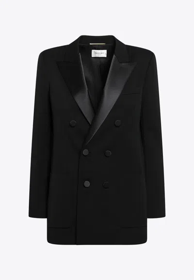 Saint Laurent Double-breasted Wool Tuxedo Blazer In Black