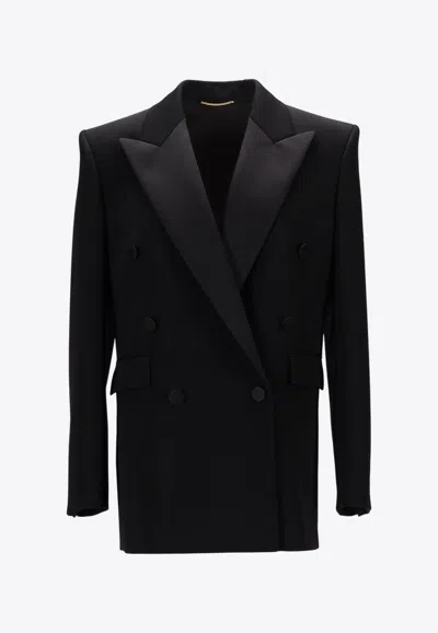 Saint Laurent Double-breasted Wool Tuxedo Jacket In Black