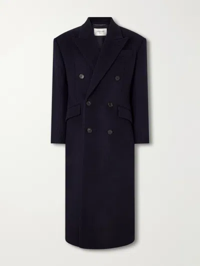 Saint Laurent Long Coat In Double-face Wool Felt In Blue
