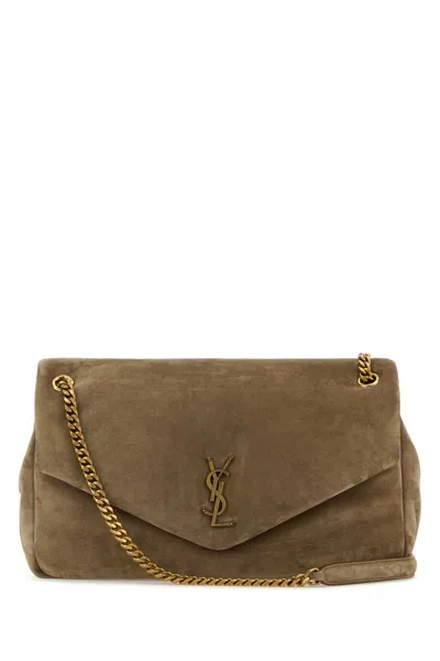 Saint Laurent Dove Grey Suede Leather Large Calypso Shoulder Bag In Brown
