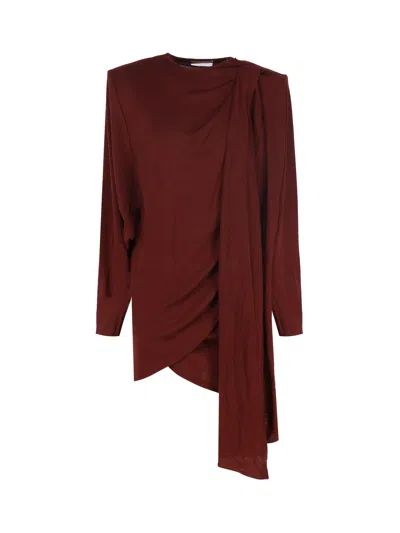 Saint Laurent Draped Asymmetric Dress In Rouge Piment