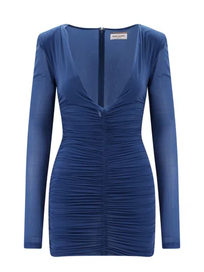Saint Laurent Ruched Mini Dress With Deep V-neckline In Blue
